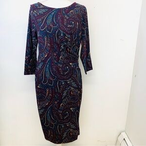 Talbots Faux Wrap Dress  Medium Dark Abstract  Ruched Stretch Business‎ Casual
